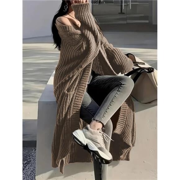 Womens Long Cardigan Sweaters Open Front Oversized Light Brown - Picture 4 of 5
